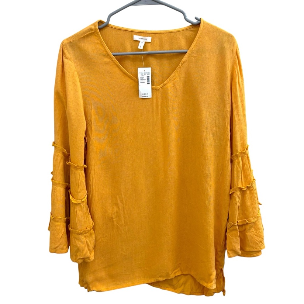 Mustard yellow orange bell sleeve quarter ruffle tiered v-neck top
